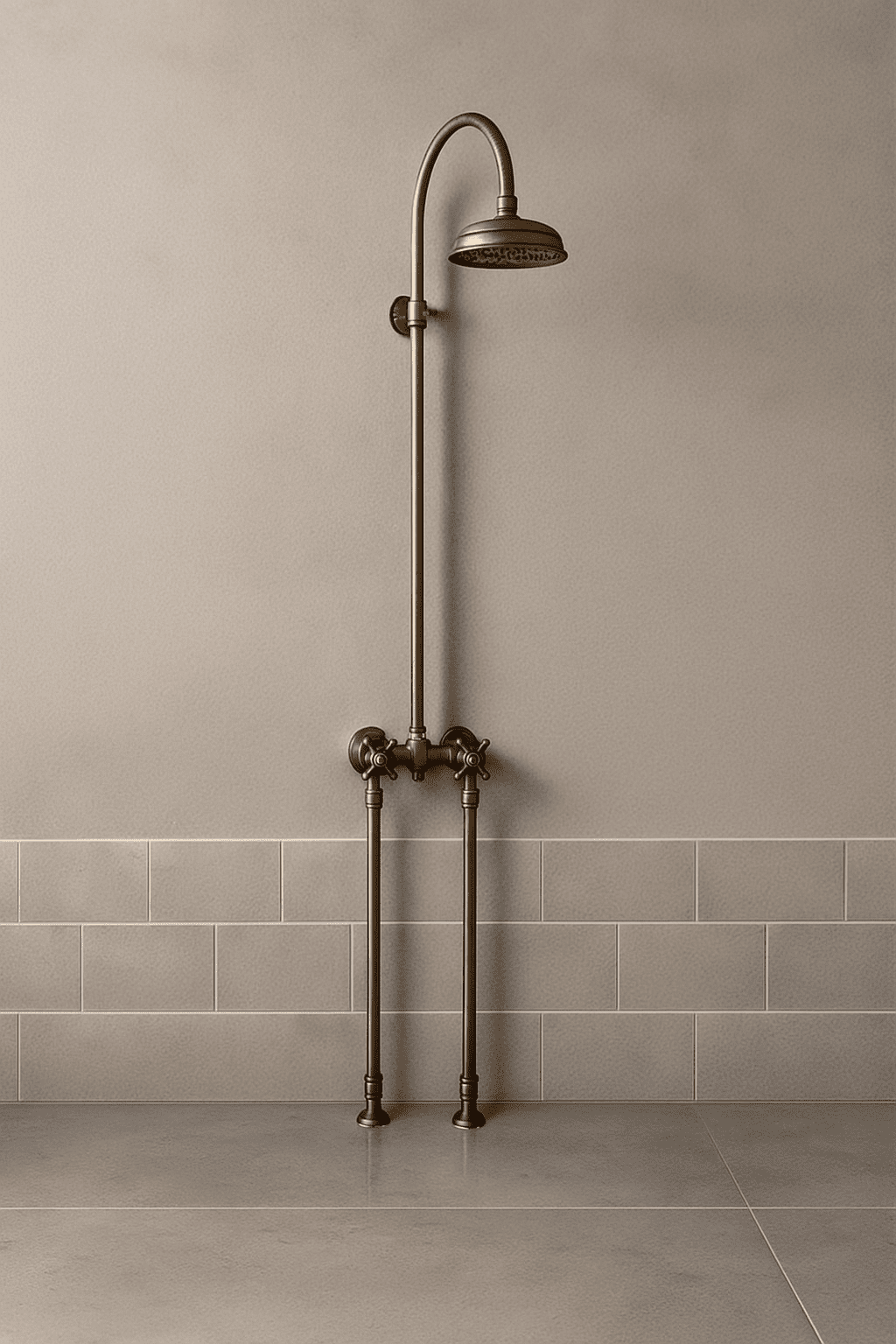 Ducha rústica campestre en bronce con tubería visible Sinú Design