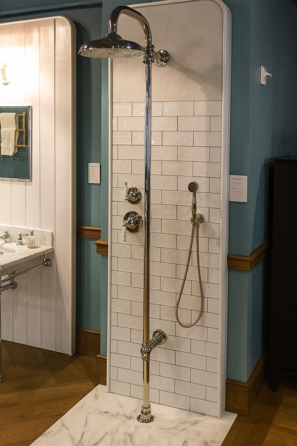 Ducha industrial en bronce con tubería visible Sinú Design