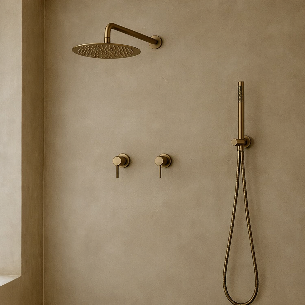 Ducha minimalista en bronce con líneas rectas Sinú Design