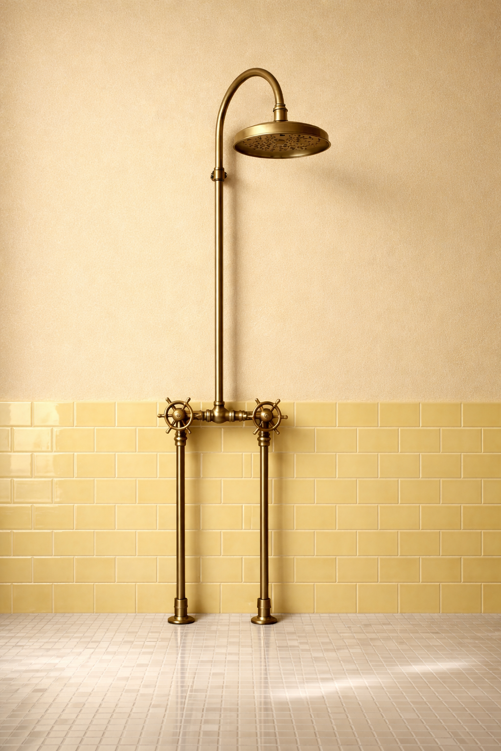 Ducha rústica campestre en bronce con tubería visible Sinú Design