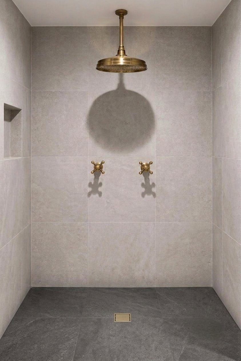 Ducha de techo en bronce con regadera redonda tipo lluvia Sinú Design