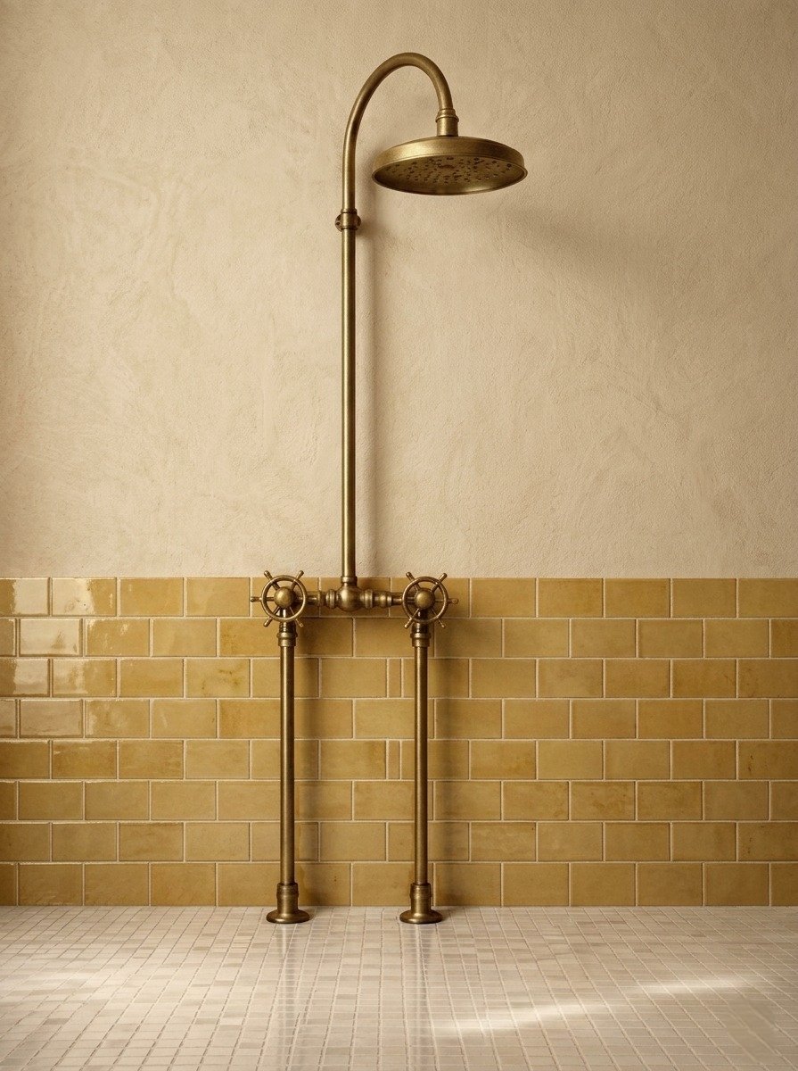 Ducha rústica campestre en bronce con tubería visible Sinú Design