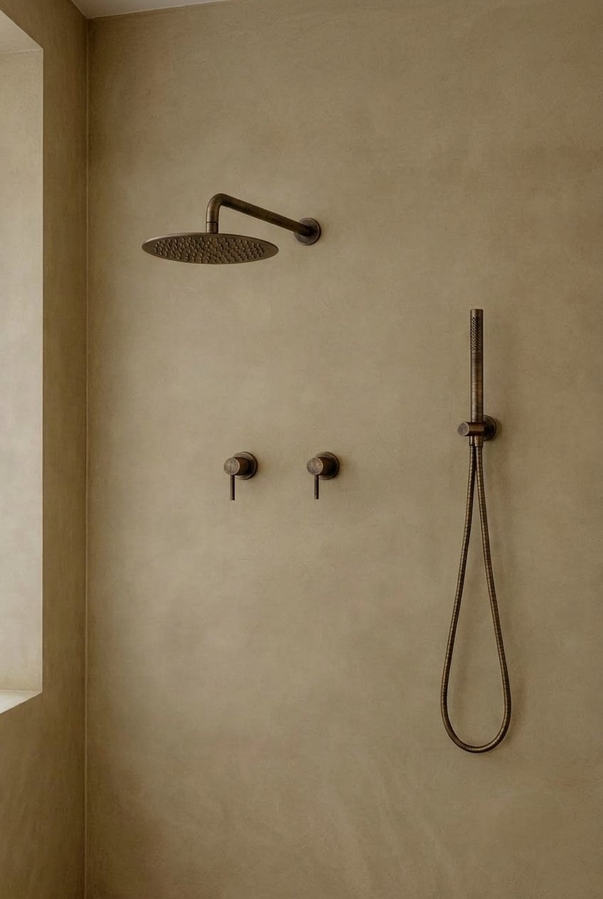 Ducha minimalista en bronce con líneas rectas Sinú Design