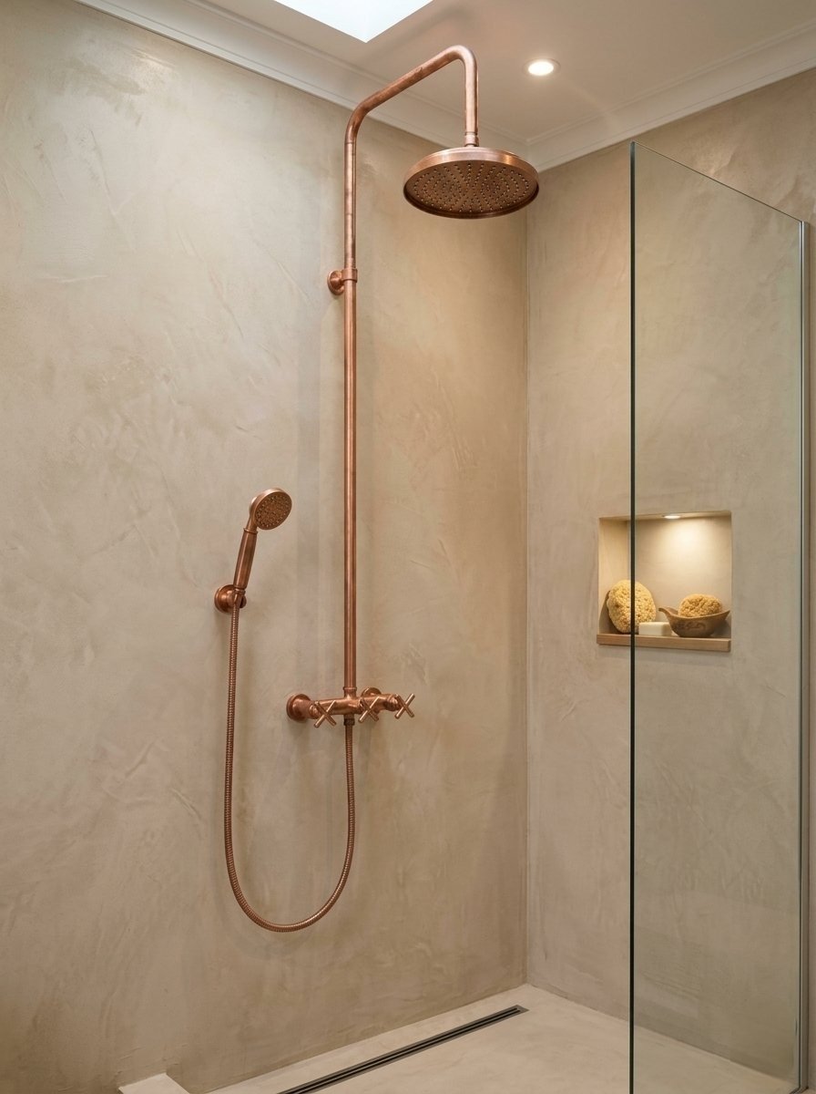 Ducha de cobre con teléfono en bronce y soporte Sinú Design