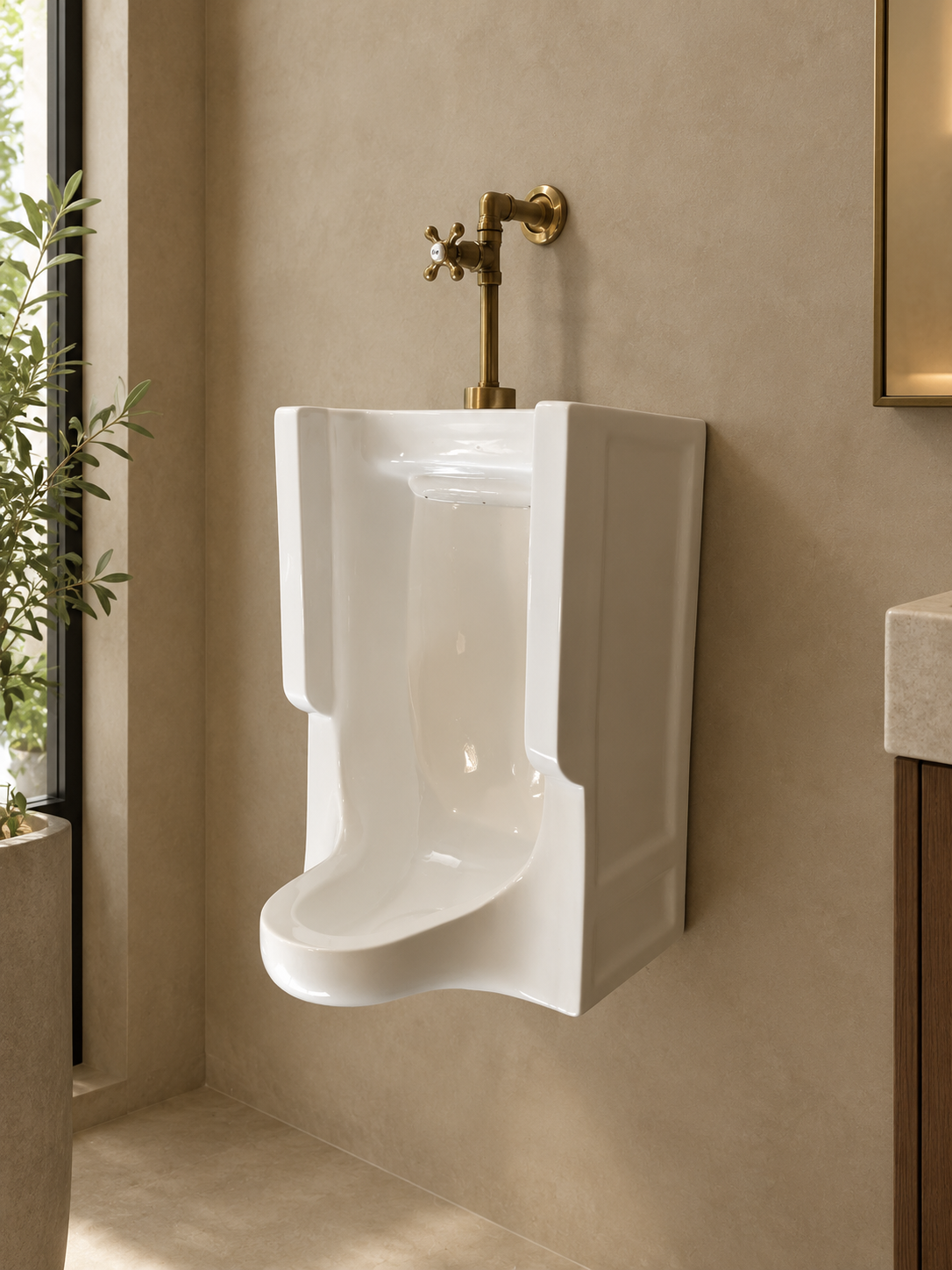 Orinal mediano de porcelana blanca con grifería clásica en bronce | Sinú Design