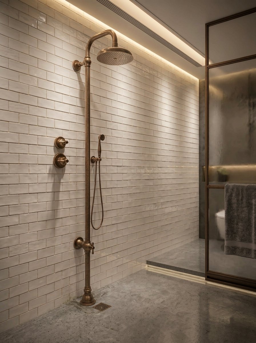 Ducha industrial en bronce con tubería visible Sinú Design
